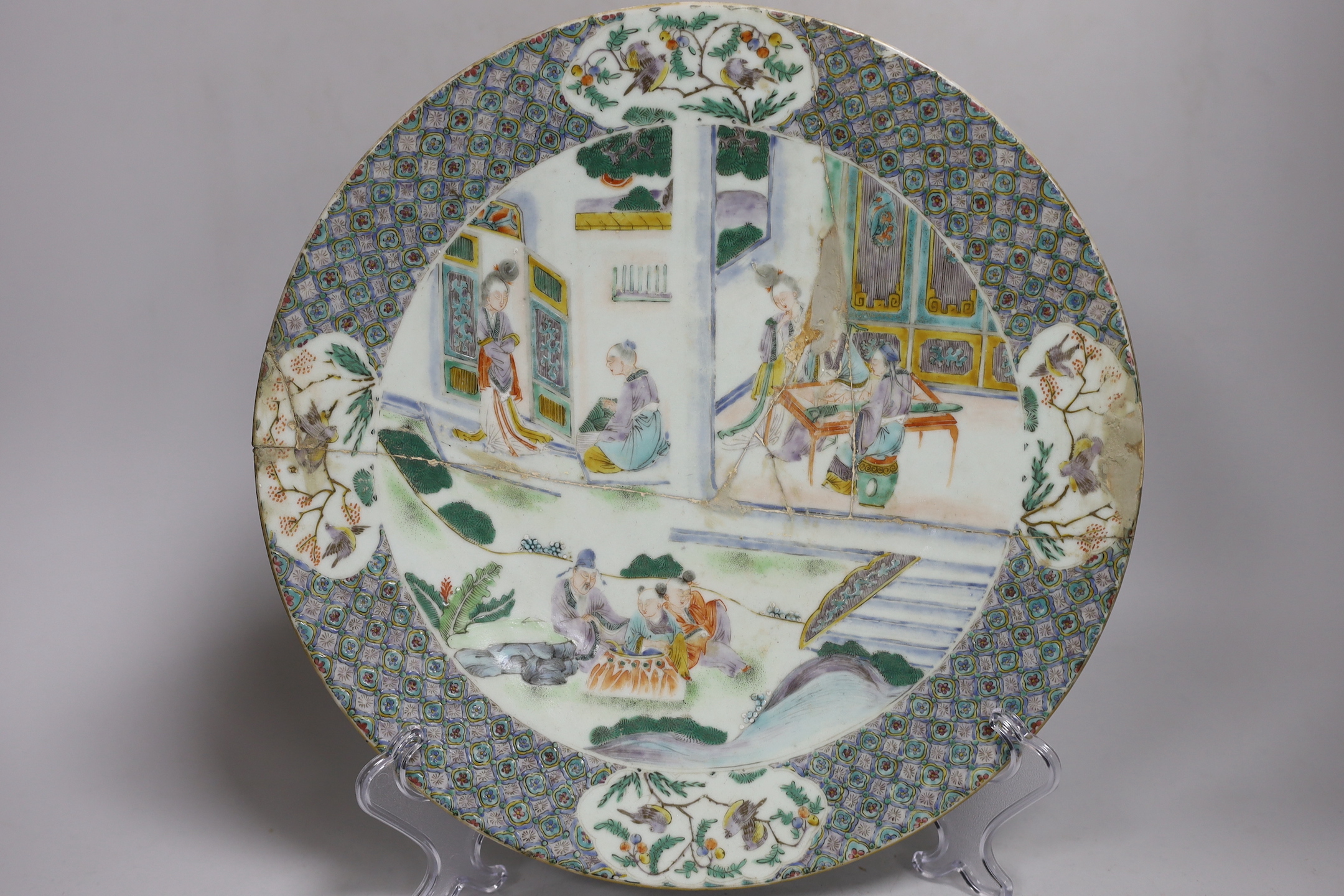A 19th century Chinese famille verte plate, a Shirvan incense burner, a pottery pillow and a metal mounted bowl 32cm high (4)